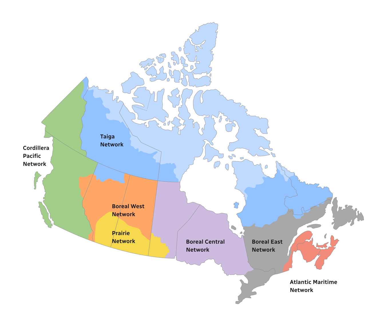 Map of Canada showing the seven WRCC regional networks: Cordillera Pacific, Taiga, Boreal West, Prairie, Boreal Central, Boreal East, and Atlantic Maritime.