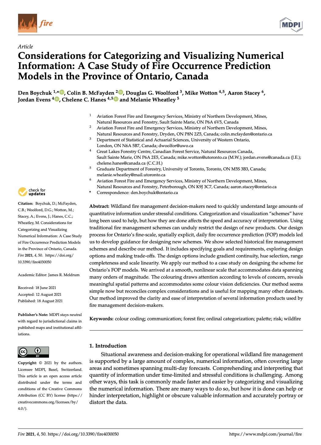Considerations for Categorizing and Visualizing Numerical Information: A Case Study of Fire Occurrence Prediction Models in the Province of Ontario, Canada thumbnail