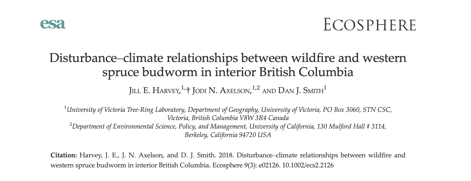 Disturbance–climate relationships between wildfire and western spruce budworm in interior British Columbia thumbnail