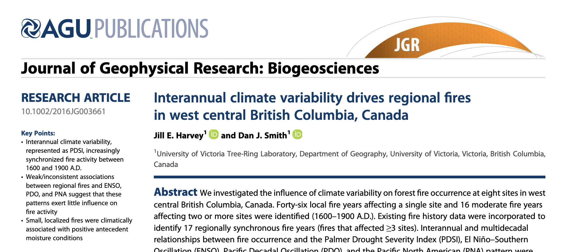 Interannual climate variability drives regional fires in west central British Columbia, Canada thumbnail