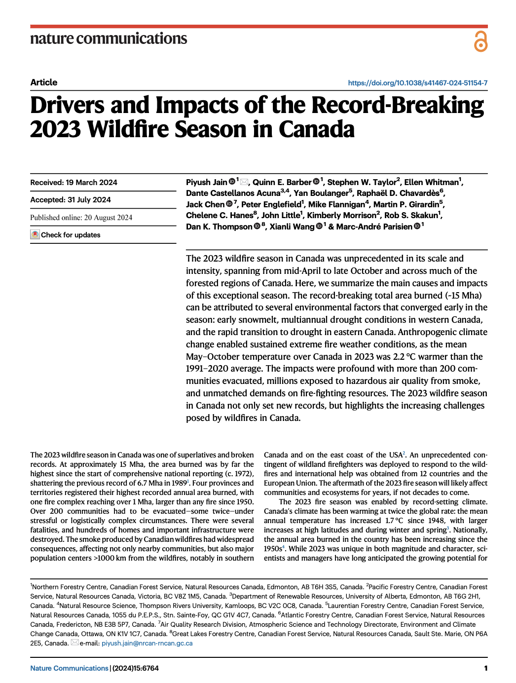 Drivers and Impacts of the Record-Breaking 2023 Wildfire Season in Canada thumbnail
