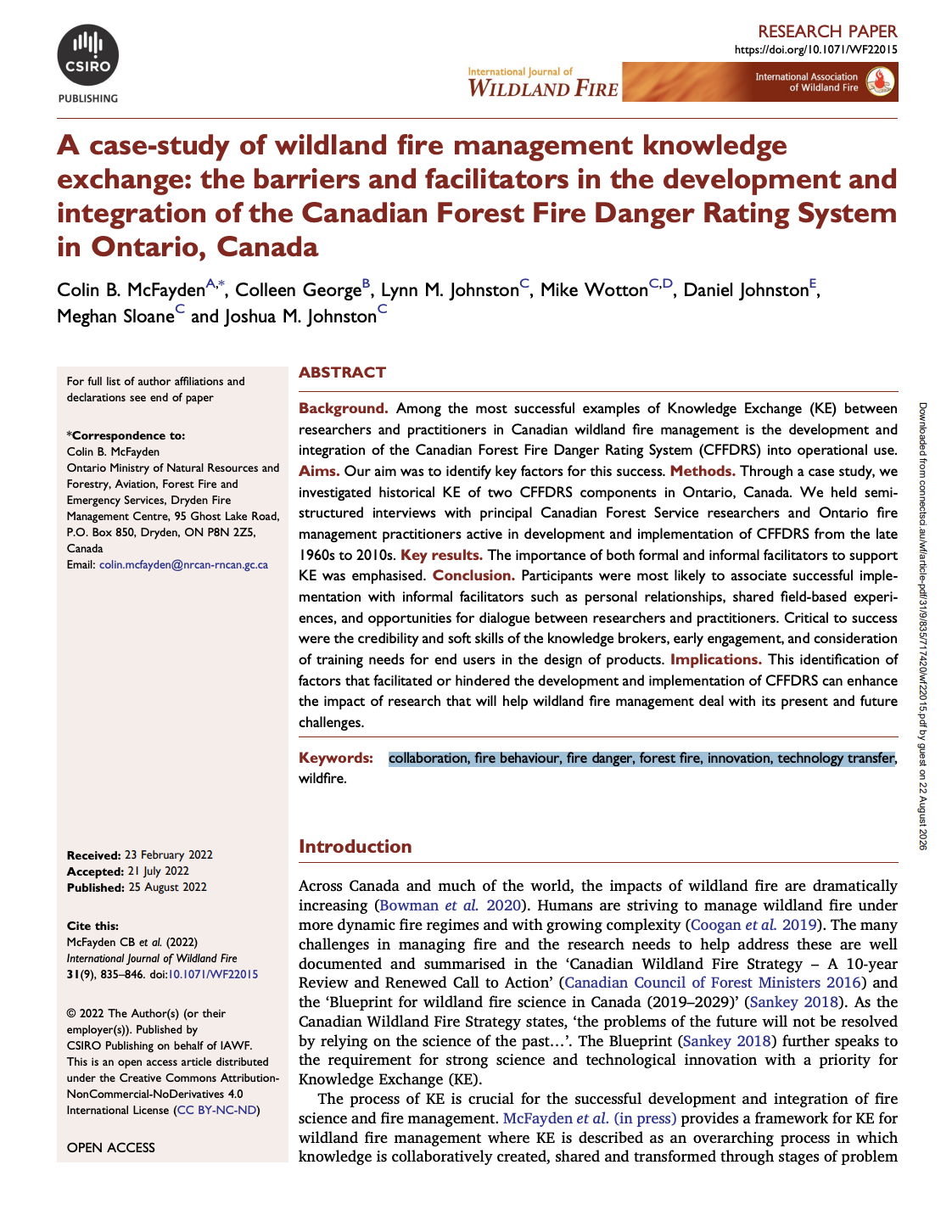 A case-study of wildland fire management knowledge exchange: the barriers and facilitators in the development and integration of the Canadian Forest Fire Danger Rating System in Ontario, Canada thumbnail