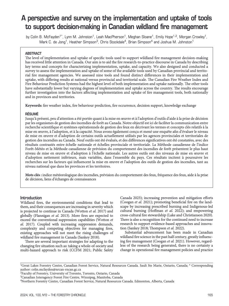 A perspective and survey on the implementation and uptake of tools to support decision-making in Canadian wildland fire management thumbnail