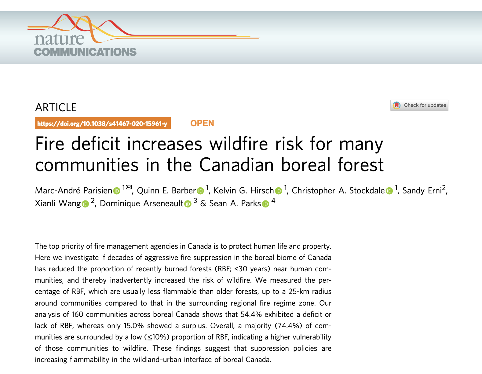 Fire deficit increases wildfire risk for many communities in the Canadian boreal forest thumbnail