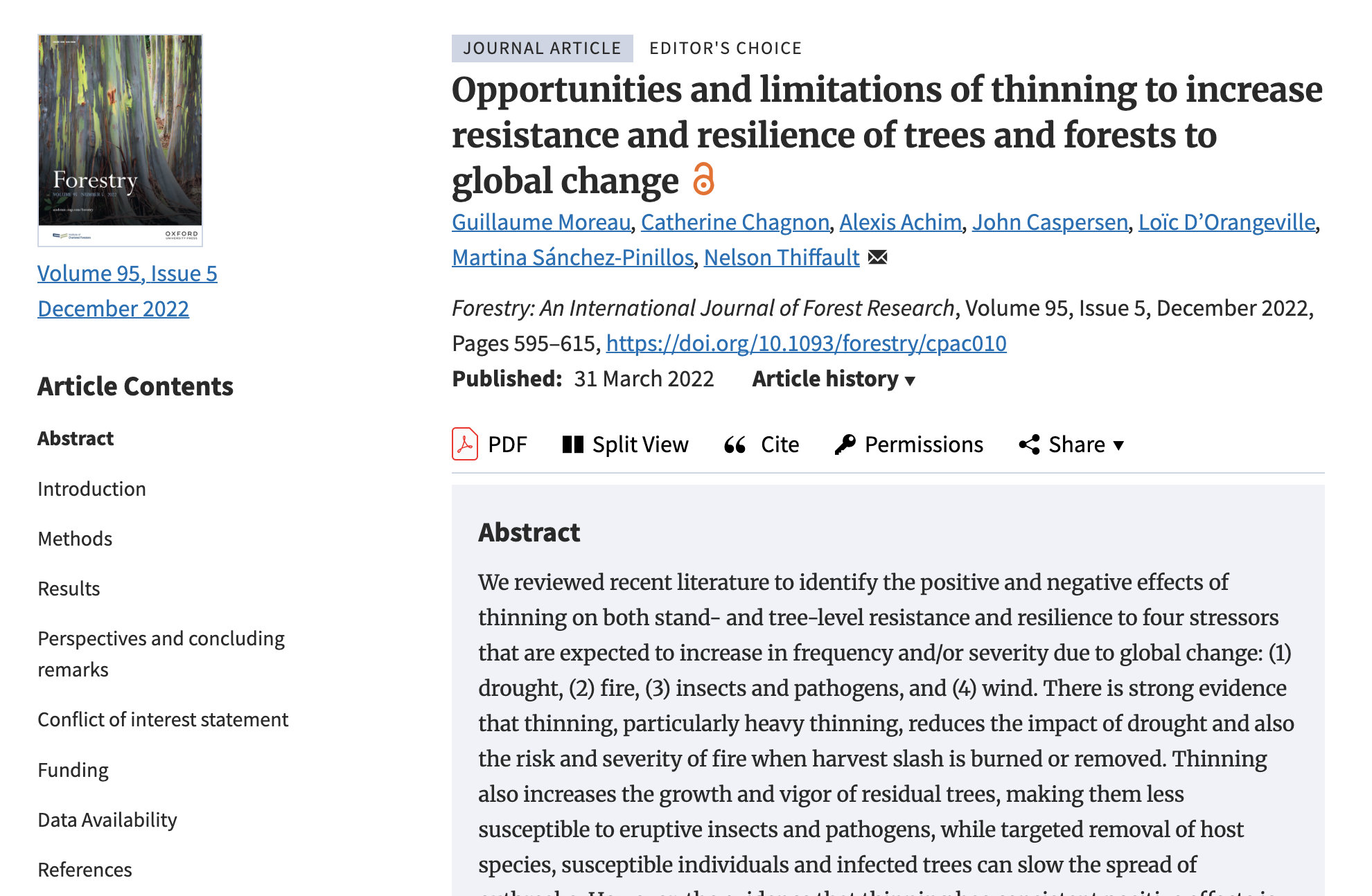 Opportunities and limitations of thinning to increase resistance and resilience of trees and forests to global change thumbnail