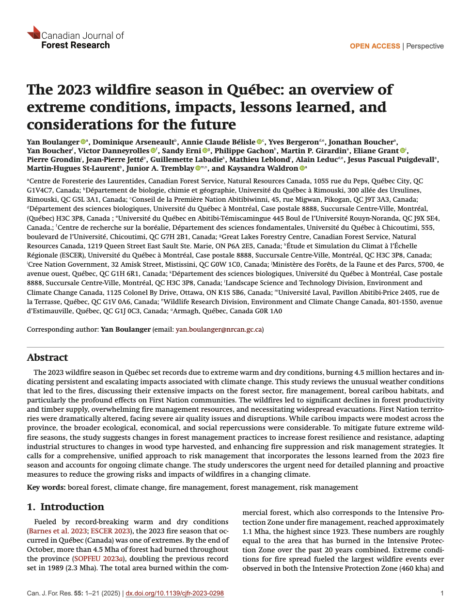 The 2023 wildfire season in Québec: an overview of extreme conditions, impacts, lessons learned, and considerations for the future thumbnail