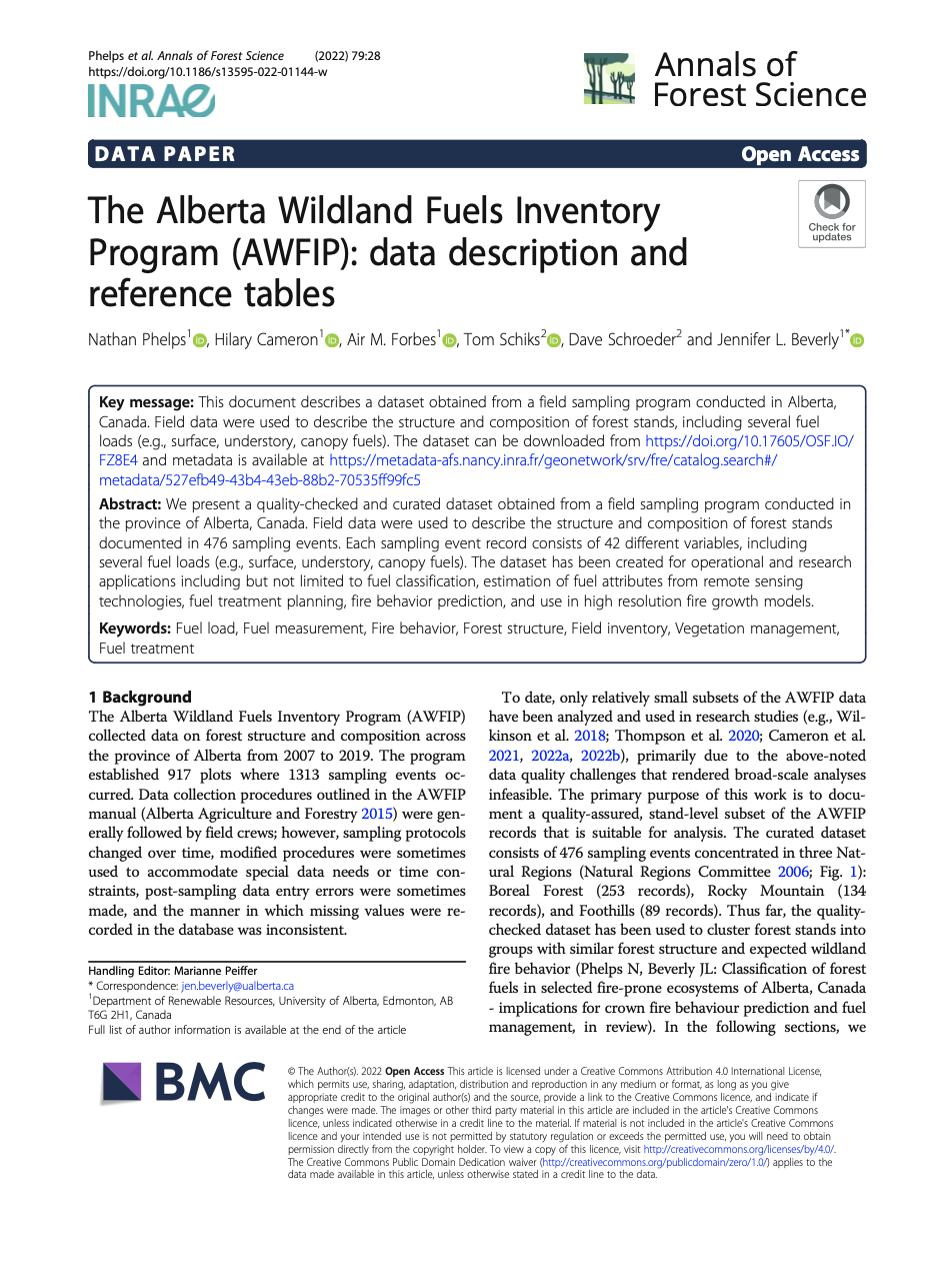 The Alberta Wildland Fuels Inventory Program (AWFIP): data description and reference tables thumbnail
