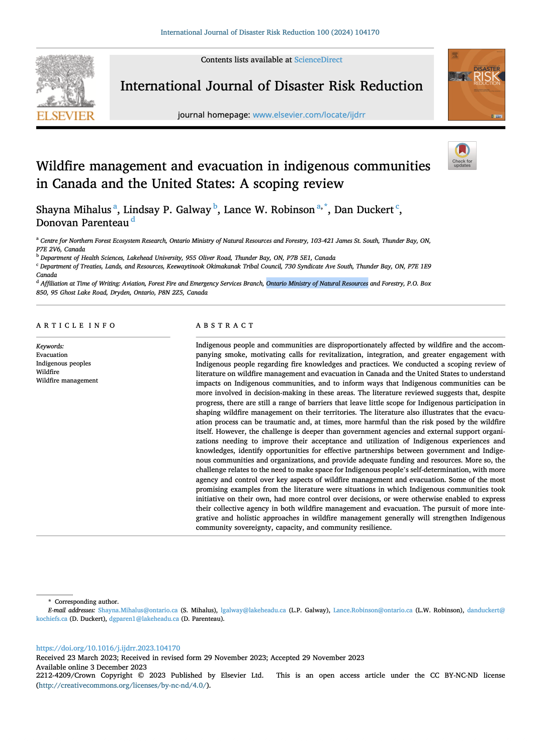 Wildfire management and evacuation in indigenous communities in Canada and the United States: A scoping review thumbnail